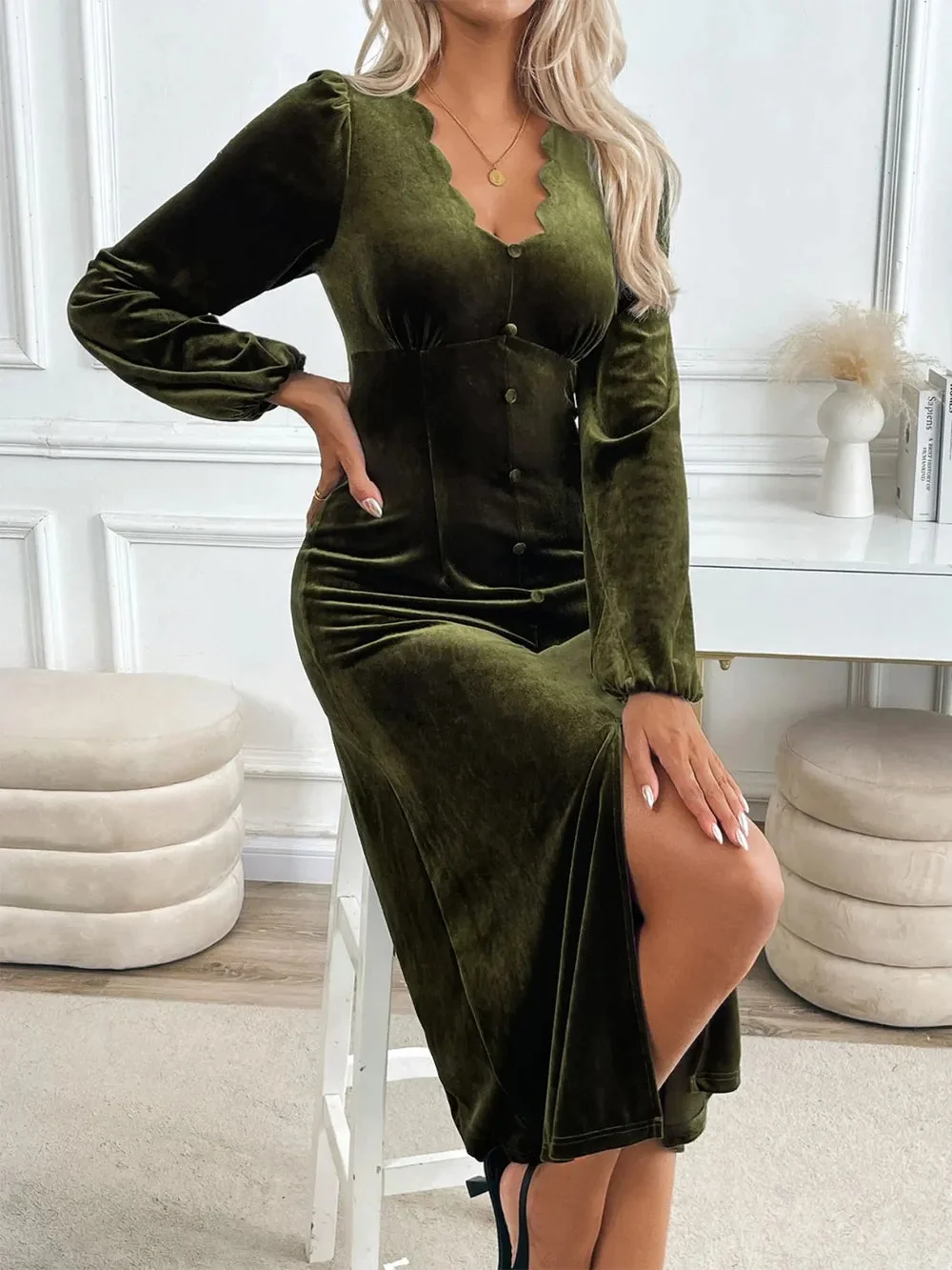 Black Slit V-Neck Long Sleeve Midi Dress