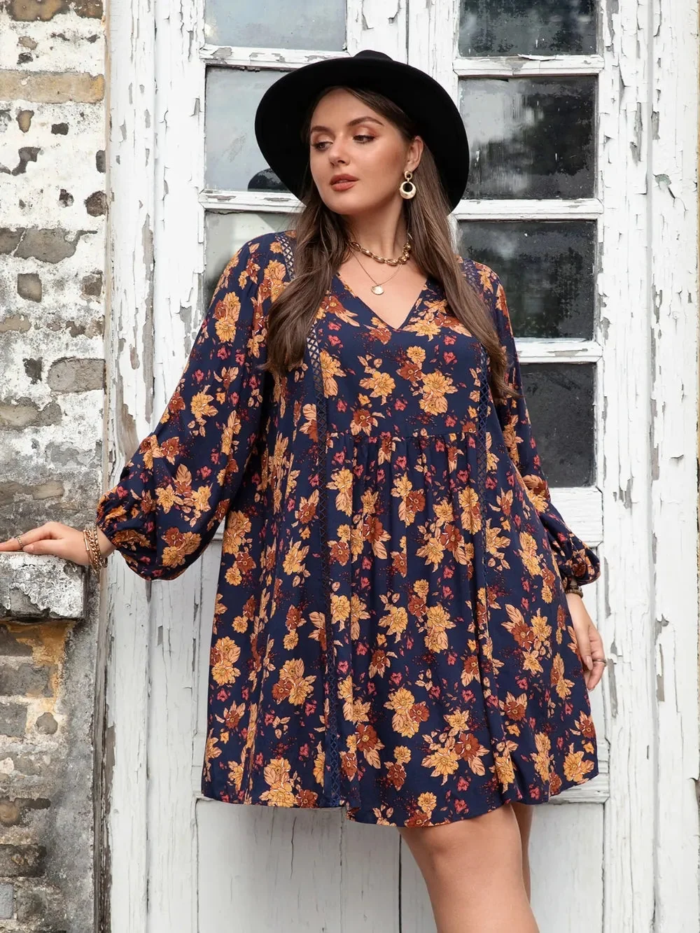 Floral V-Neck Balloon Sleeve Dress - Plus Size Womens Clothing
