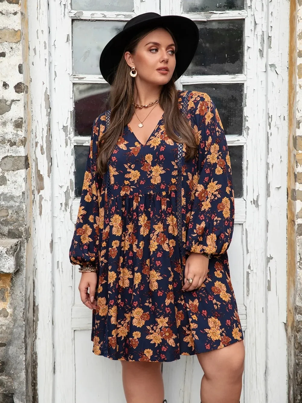 Floral V-Neck Balloon Sleeve Dress - Plus Size Womens Clothing