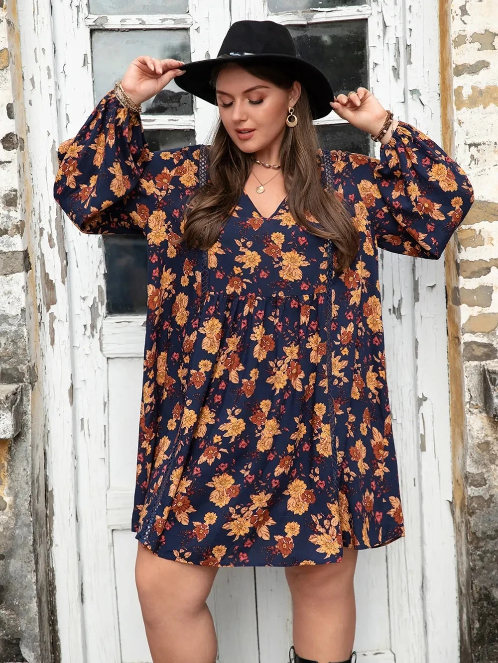 Floral V-Neck Balloon Sleeve Dress - Plus Size Womens Clothing