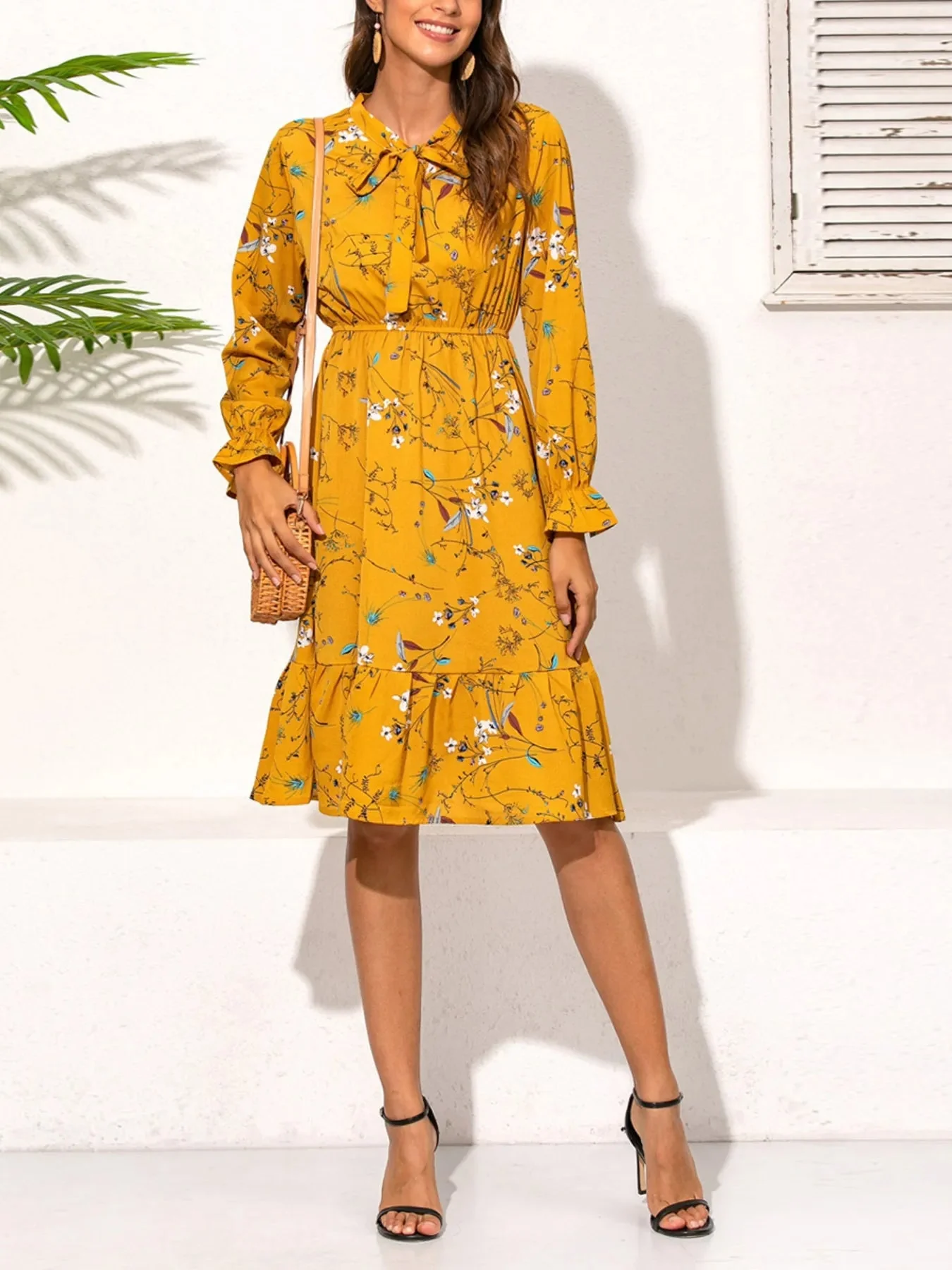 Floral Print Ruffled Hem Long Sleeve Dress - Elegant Style