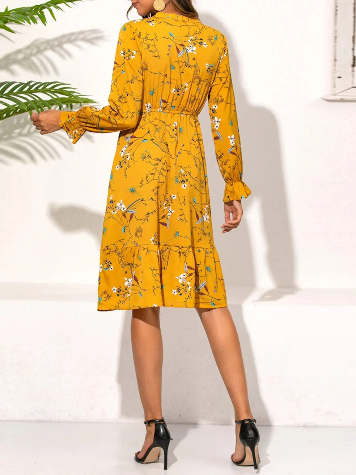 Floral Print Ruffled Hem Long Sleeve Dress - Elegant Style
