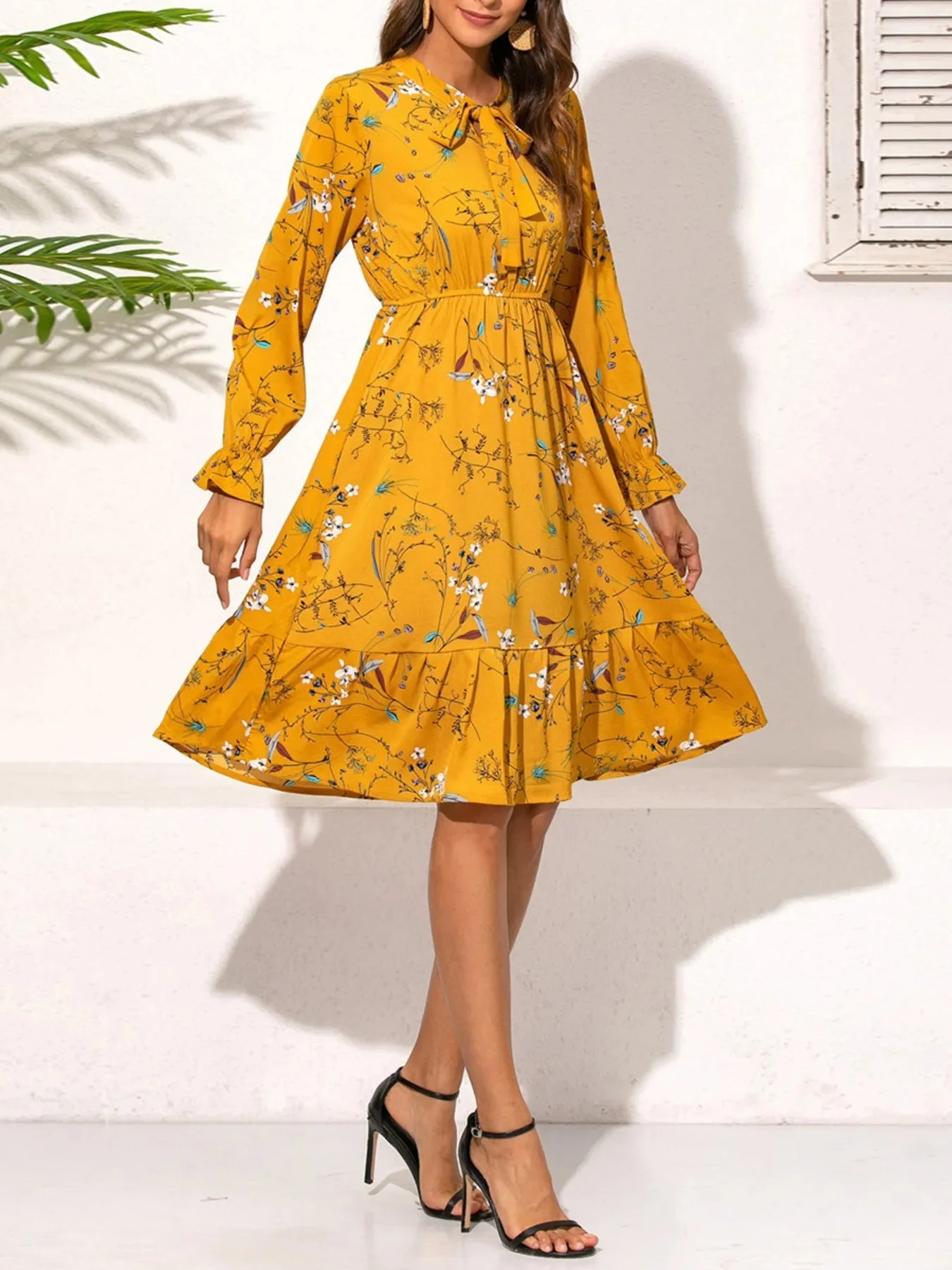 Floral Print Ruffled Hem Long Sleeve Dress - Elegant Style