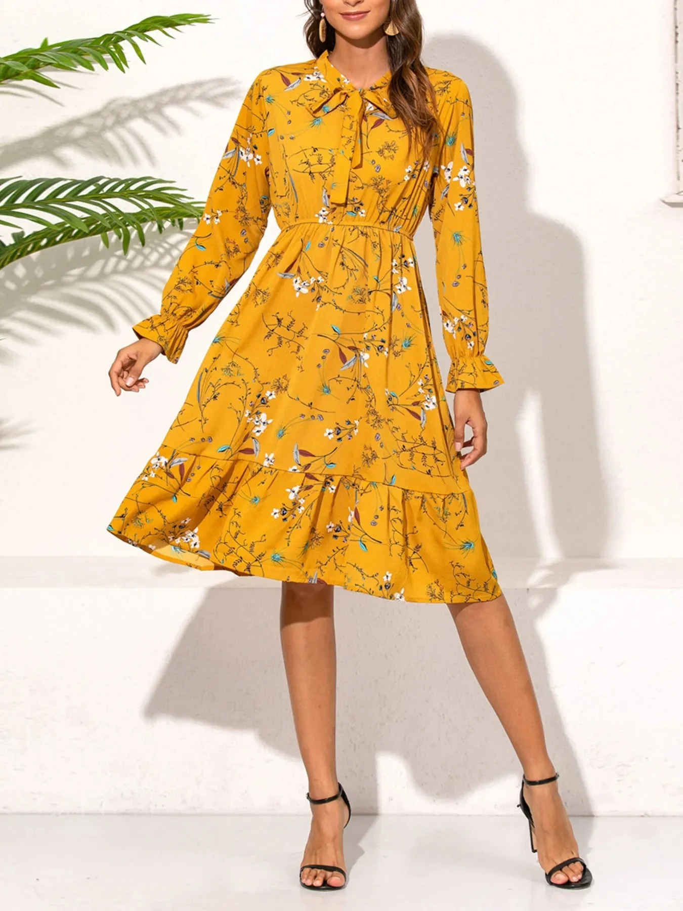 Floral Print Ruffled Hem Long Sleeve Dress - Elegant Style