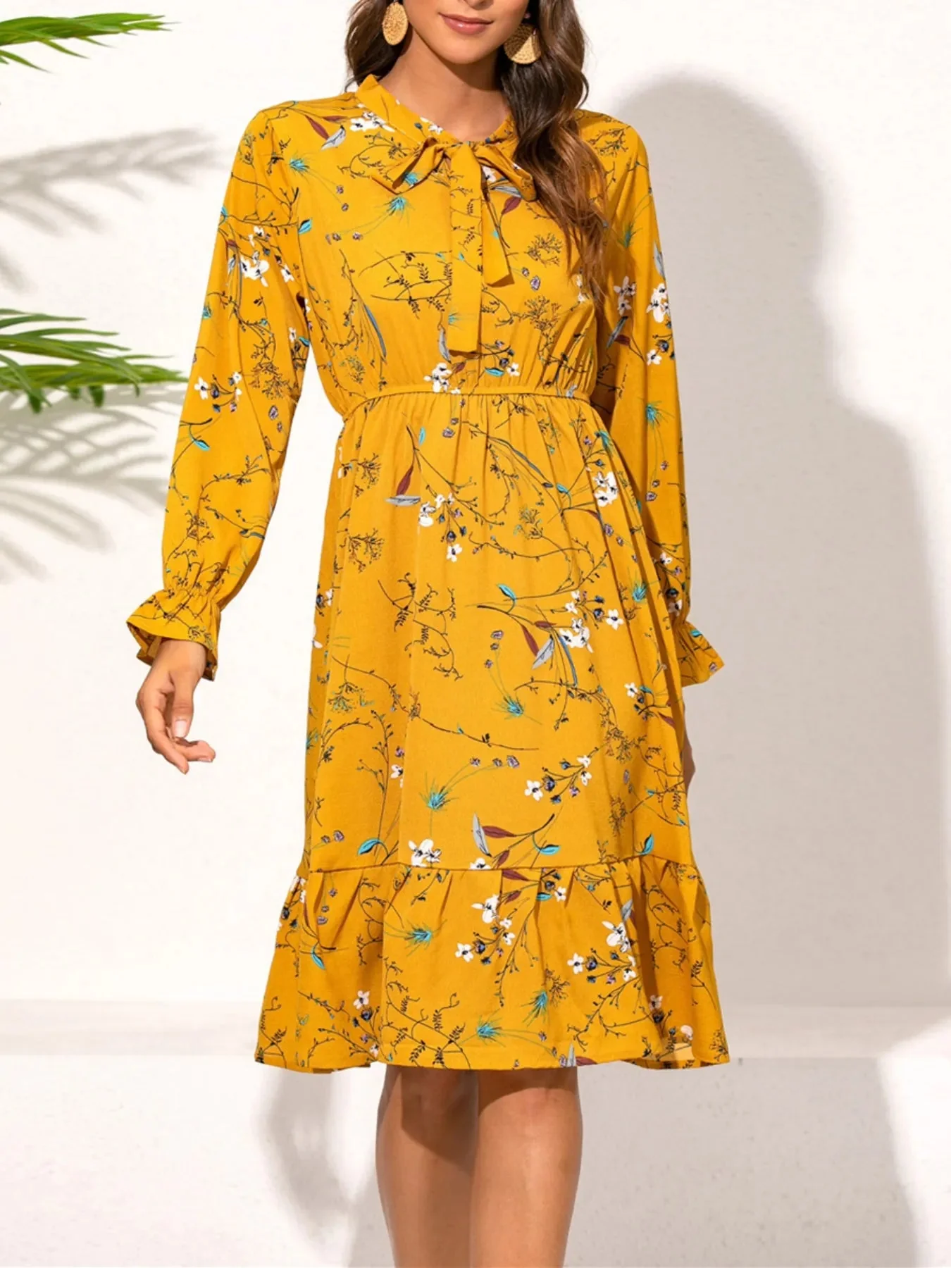 Floral Print Ruffled Hem Long Sleeve Dress - Elegant Style
