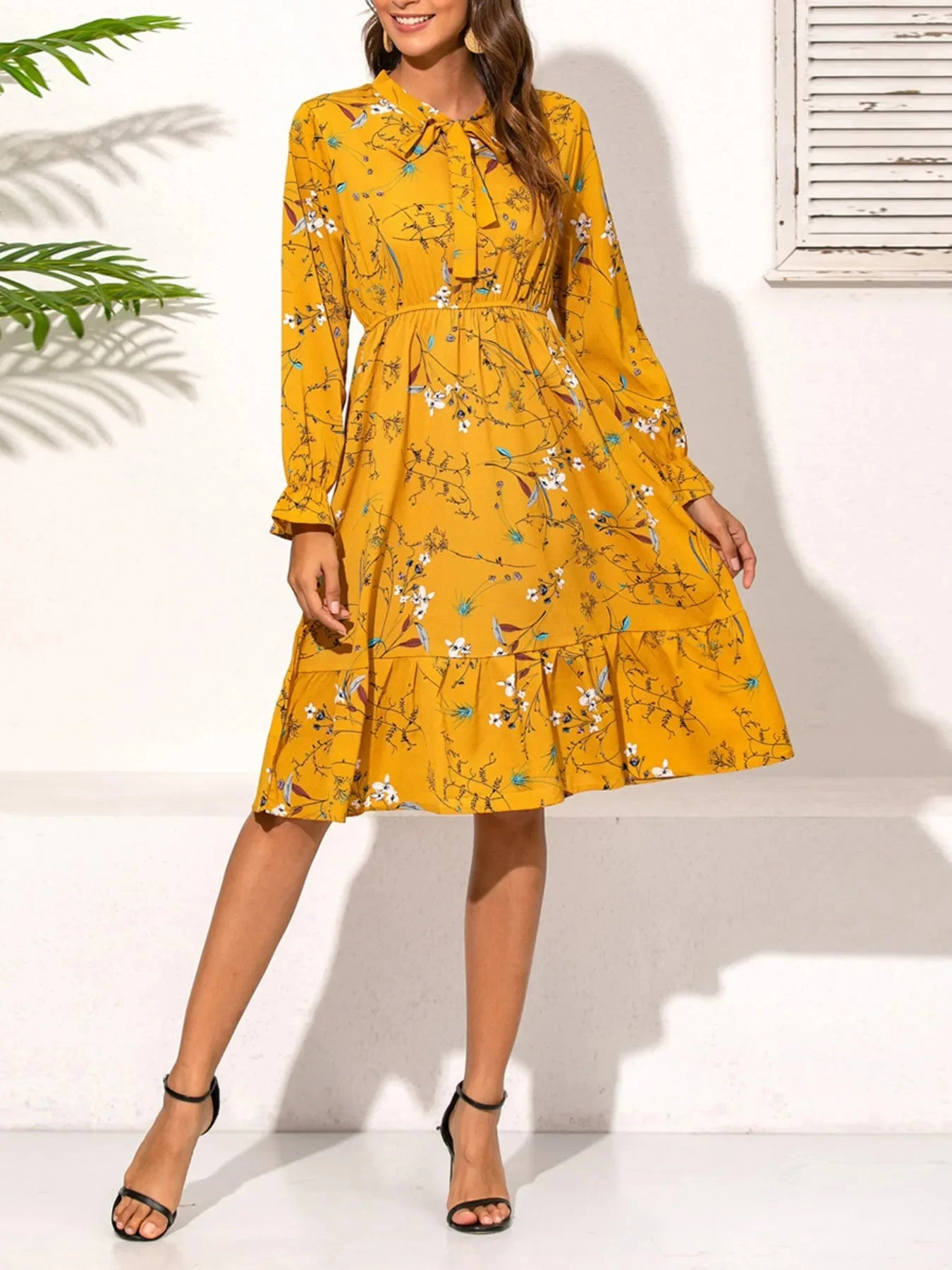 Floral Print Ruffled Hem Long Sleeve Dress - Elegant Style