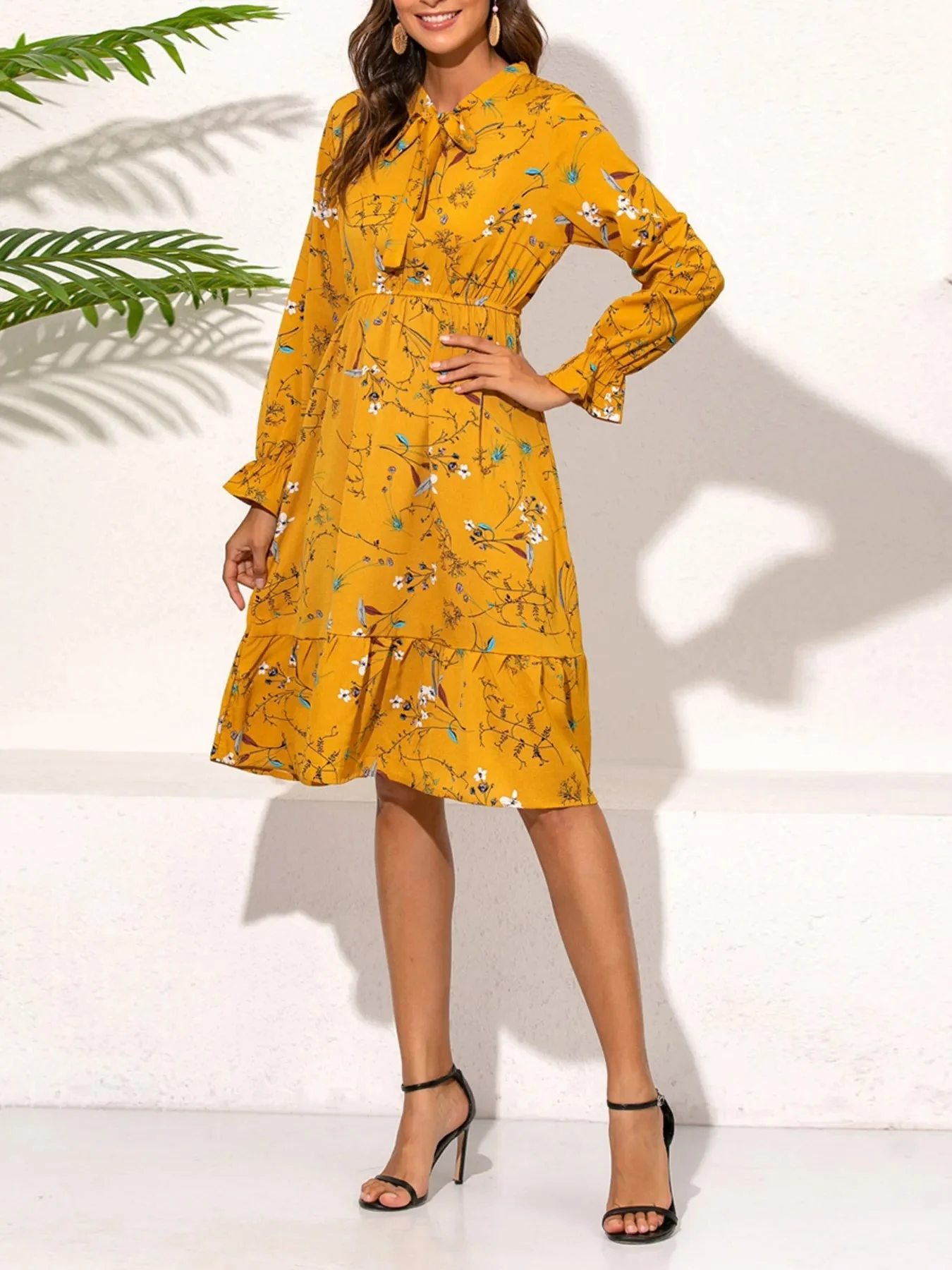 Floral Print Ruffled Hem Long Sleeve Dress - Elegant Style
