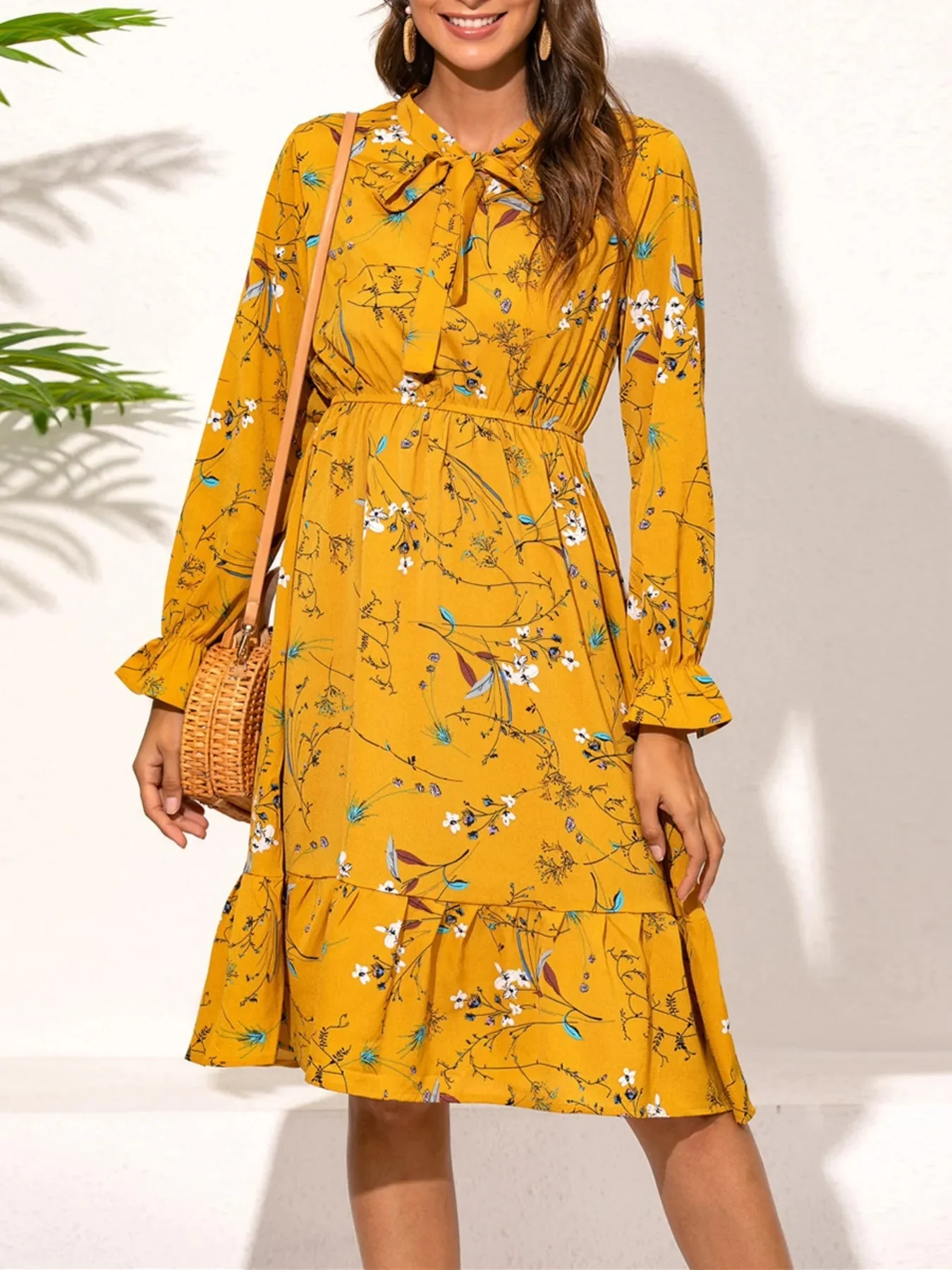 Floral Print Ruffled Hem Long Sleeve Dress - Elegant Style