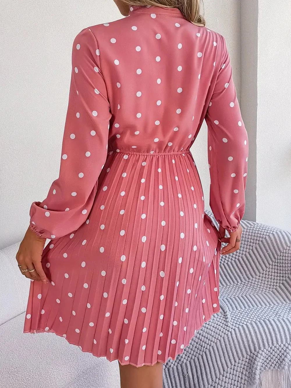 Pleated Polka Dot Tie Neck Dress