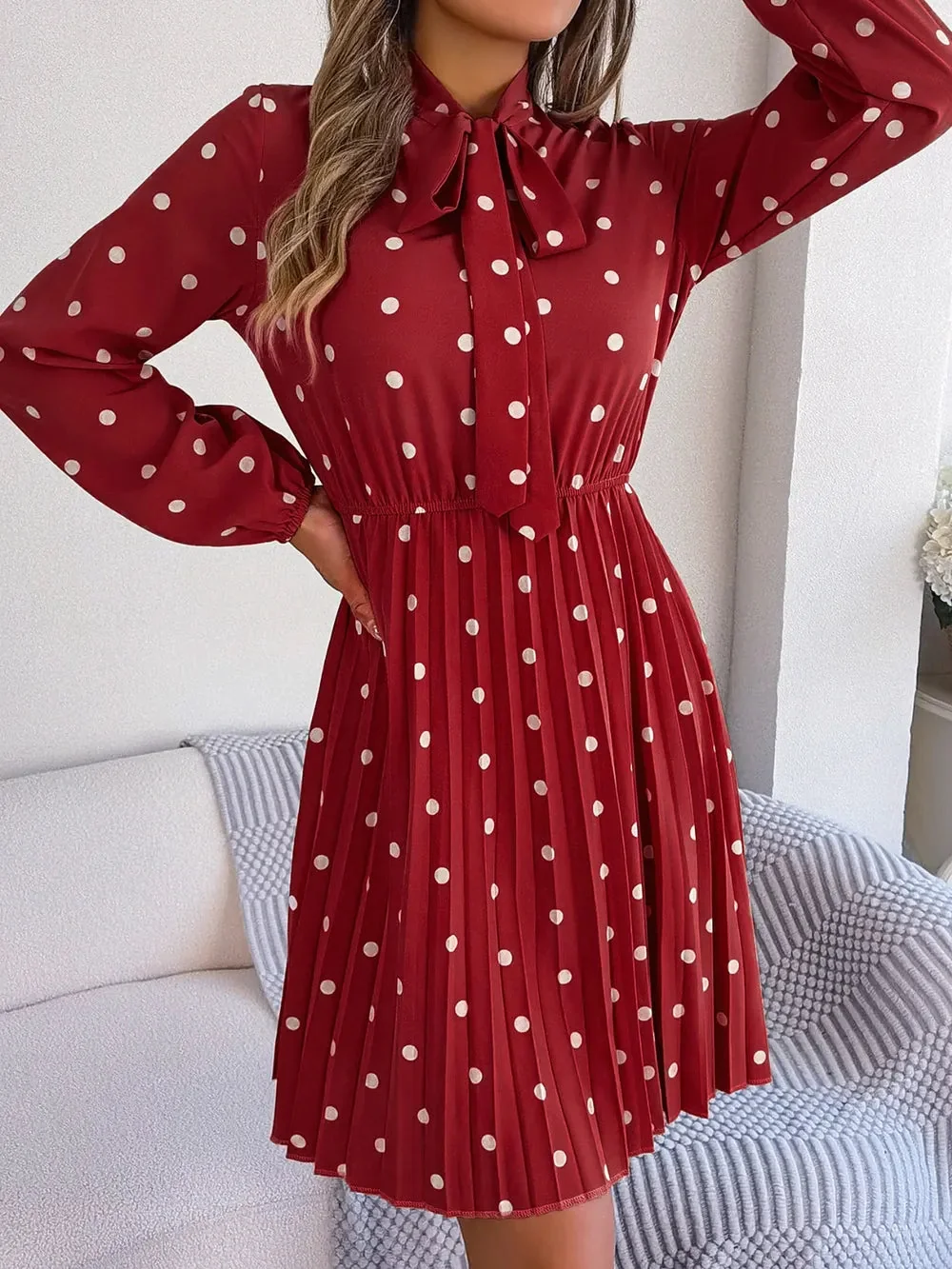 Pleated Polka Dot Tie Neck Dress