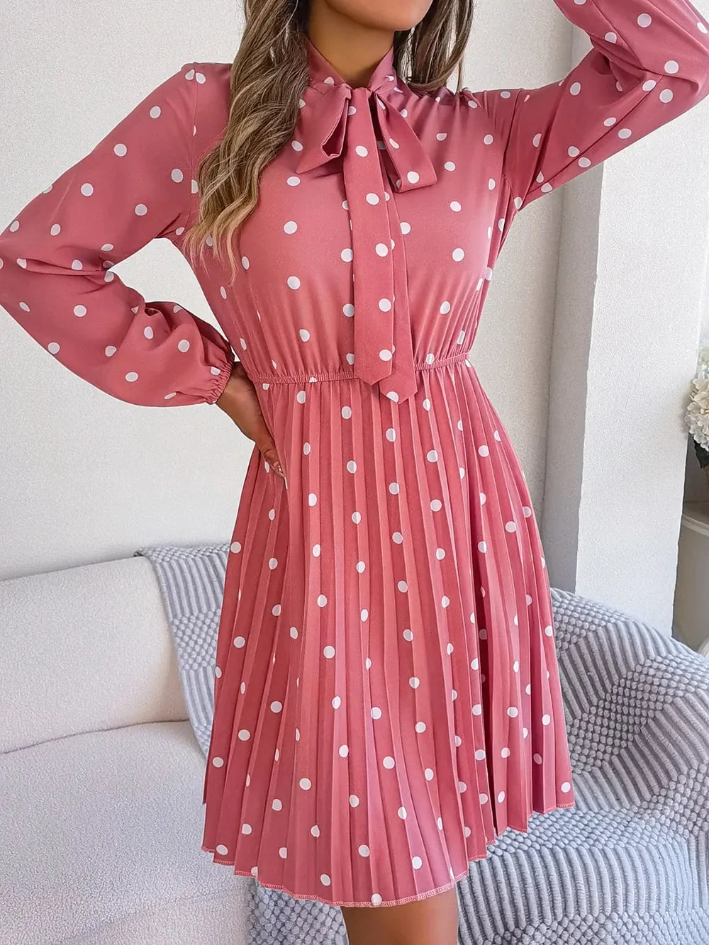 Pleated Polka Dot Tie Neck Dress