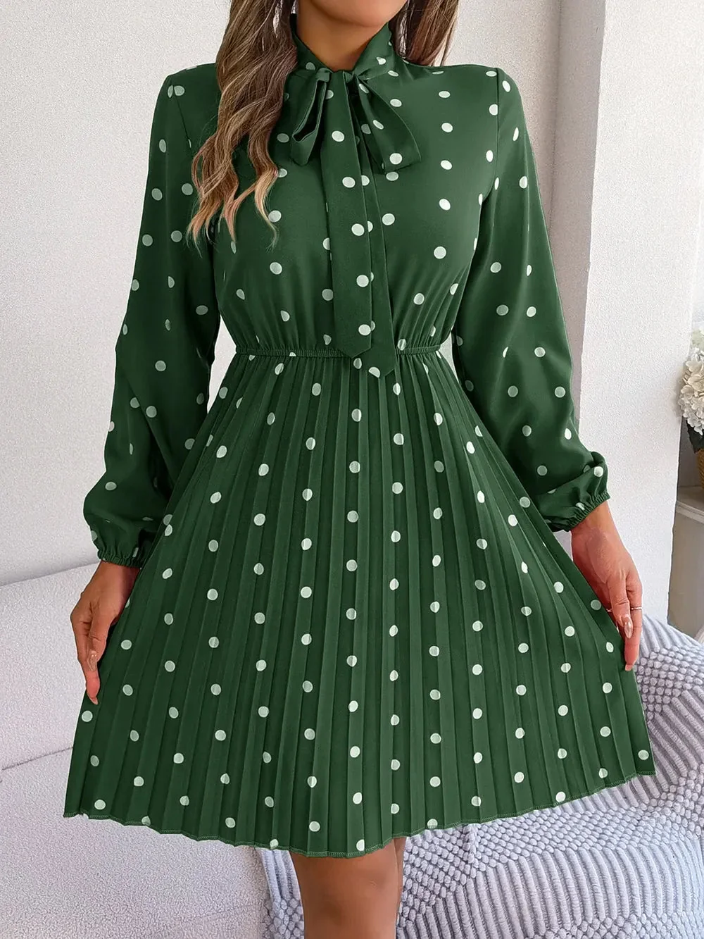 Pleated Polka Dot Tie Neck Dress