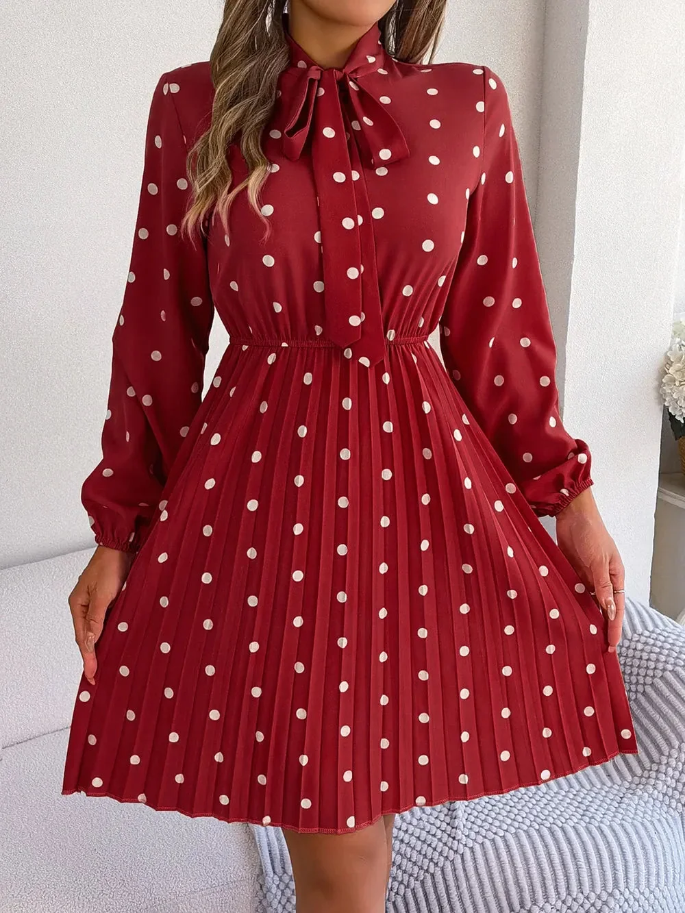 Pleated Polka Dot Tie Neck Dress