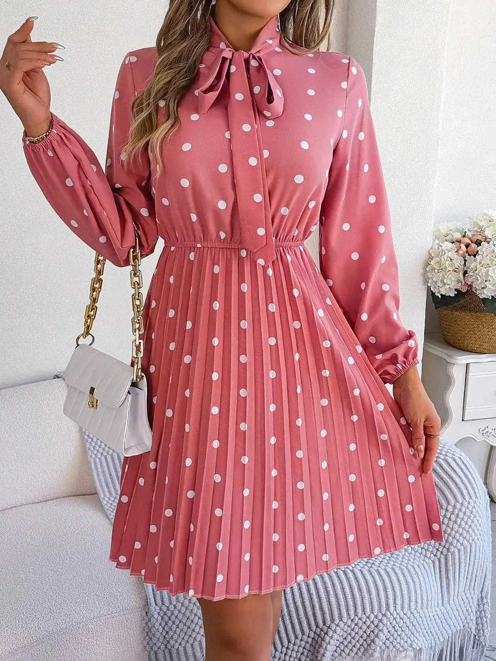 Pleated Polka Dot Tie Neck Dress