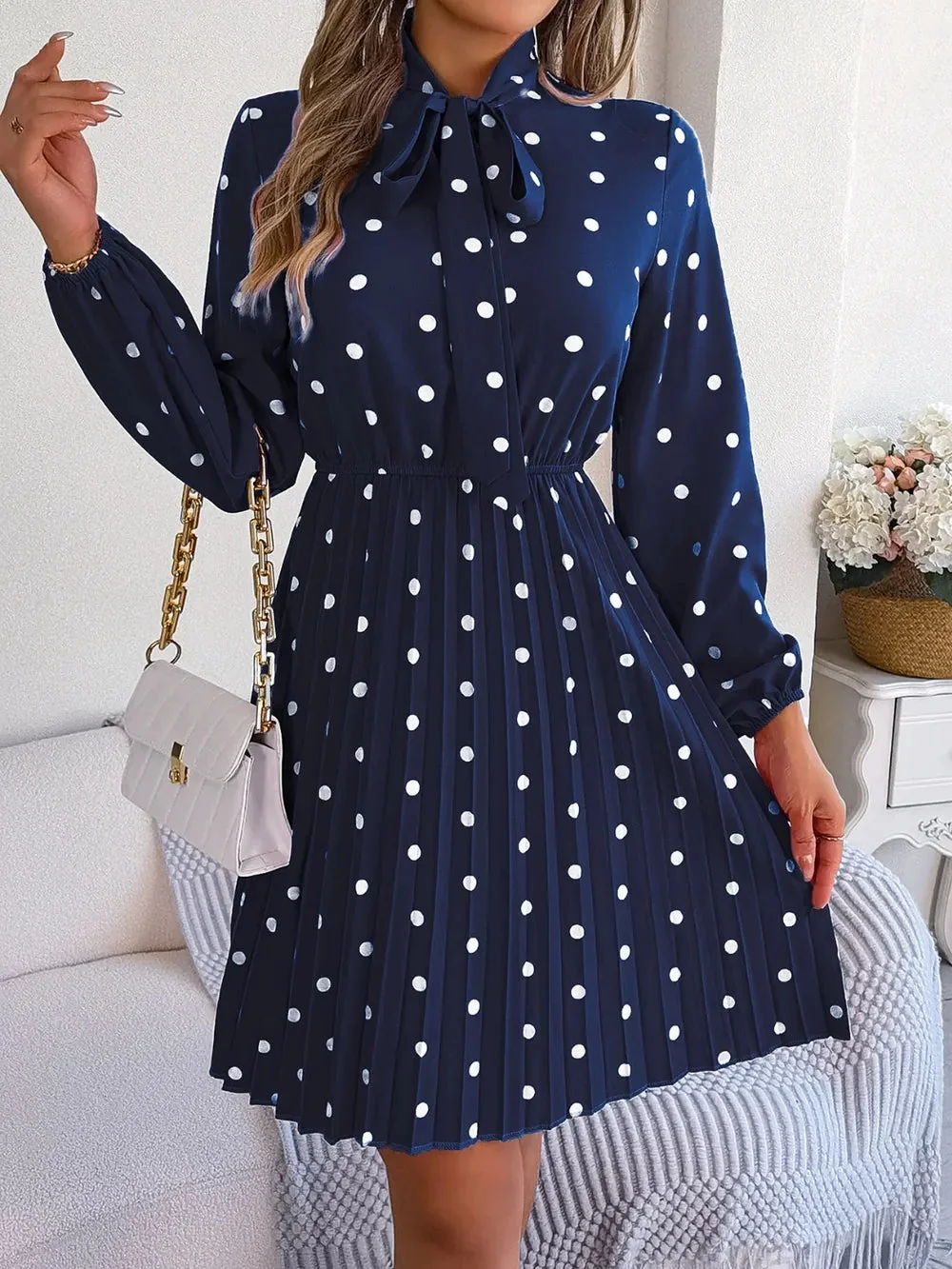 Pleated Polka Dot Tie Neck Dress