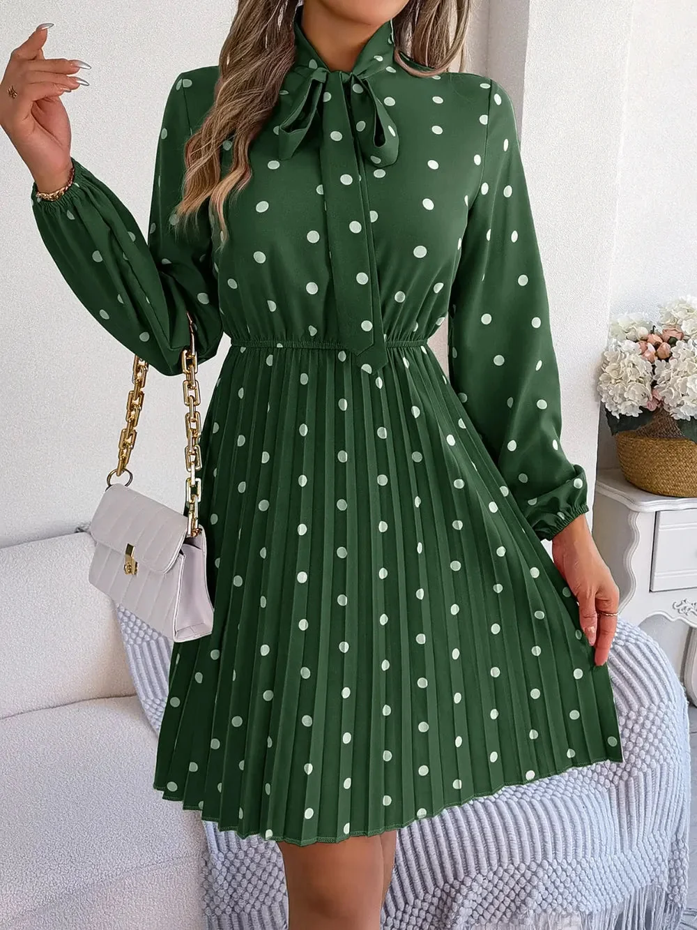 Pleated Polka Dot Tie Neck Dress
