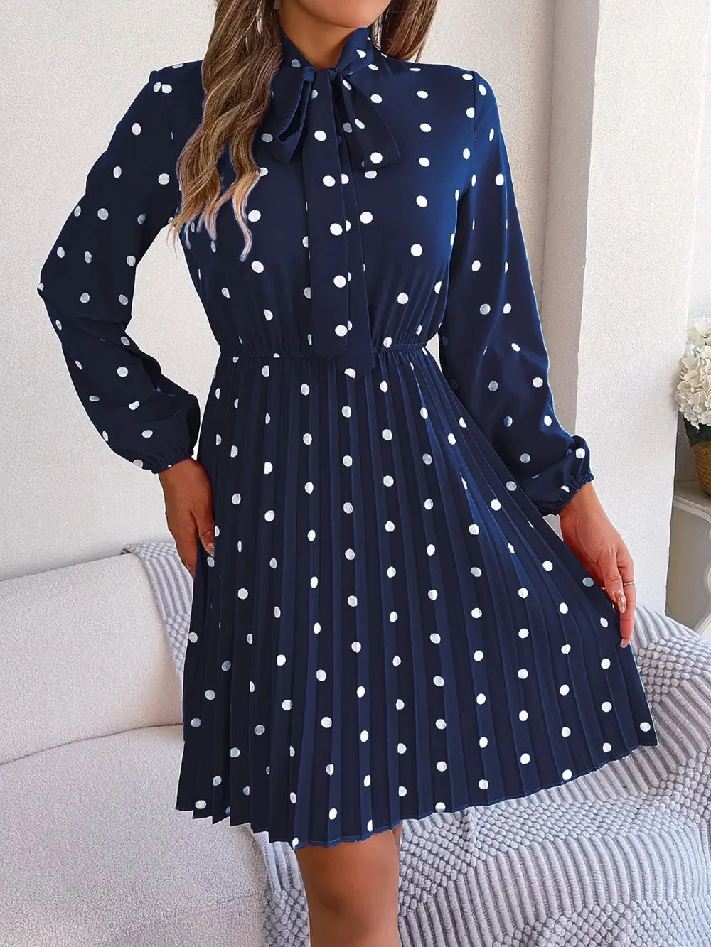 Pleated Polka Dot Tie Neck Dress