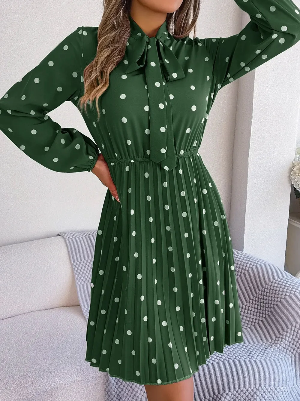 Pleated Polka Dot Tie Neck Dress