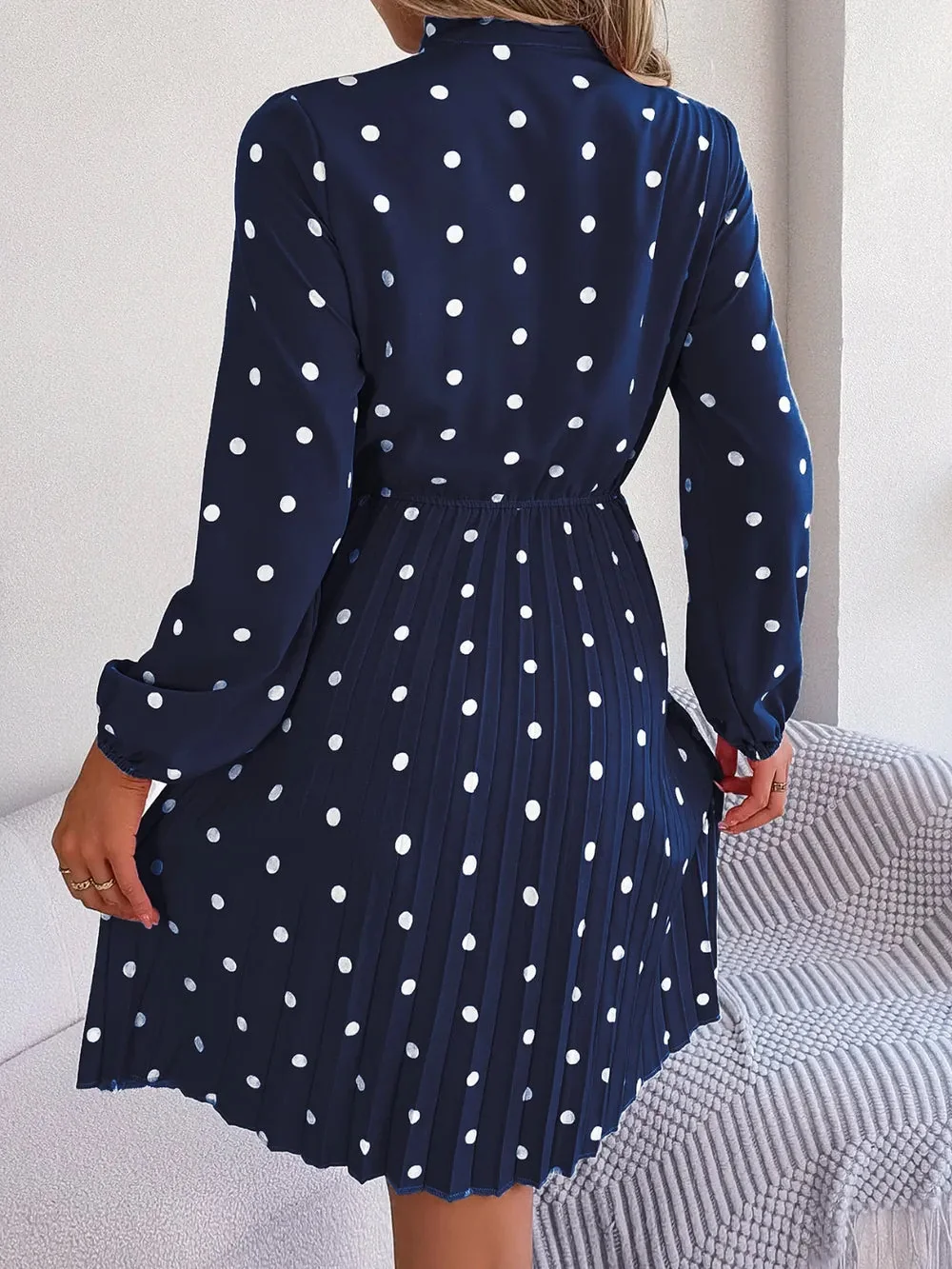 Pleated Polka Dot Tie Neck Dress