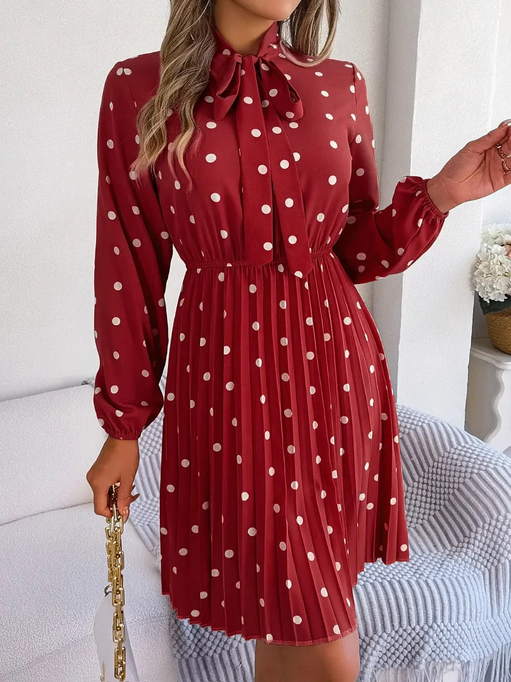 Pleated Polka Dot Tie Neck Dress
