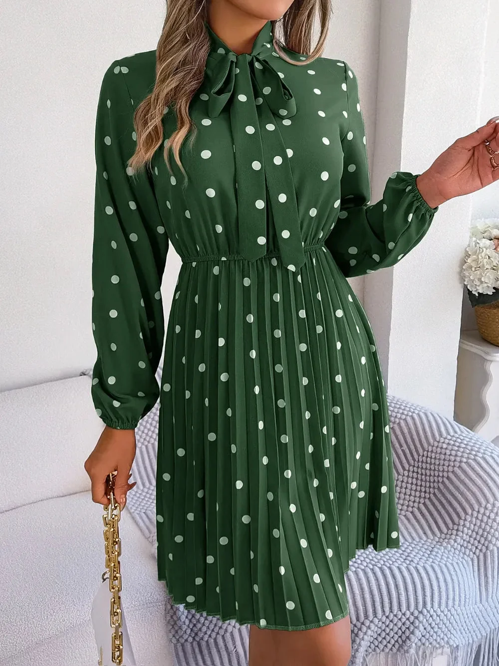 Pleated Polka Dot Tie Neck Dress
