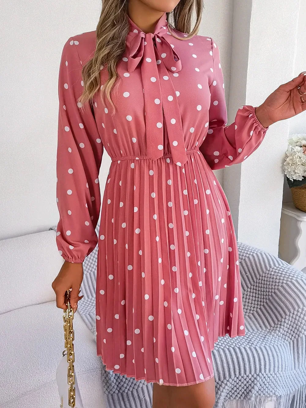 Pleated Polka Dot Tie Neck Dress