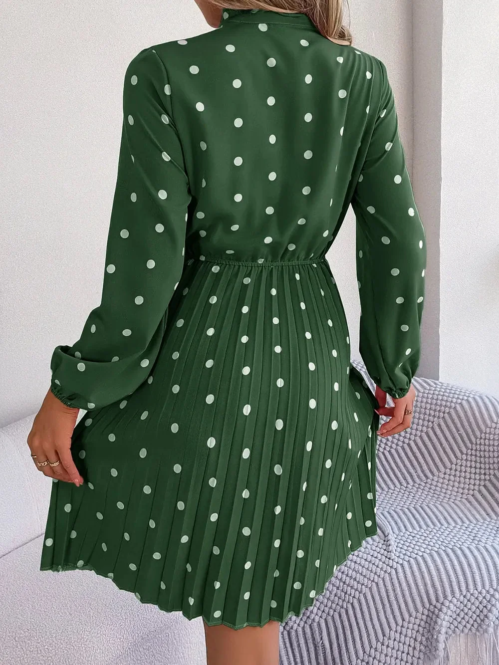 Pleated Polka Dot Tie Neck Dress