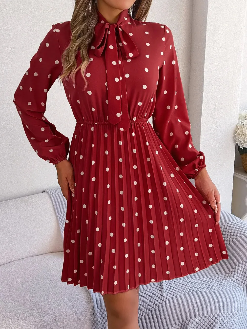 Pleated Polka Dot Tie Neck Dress