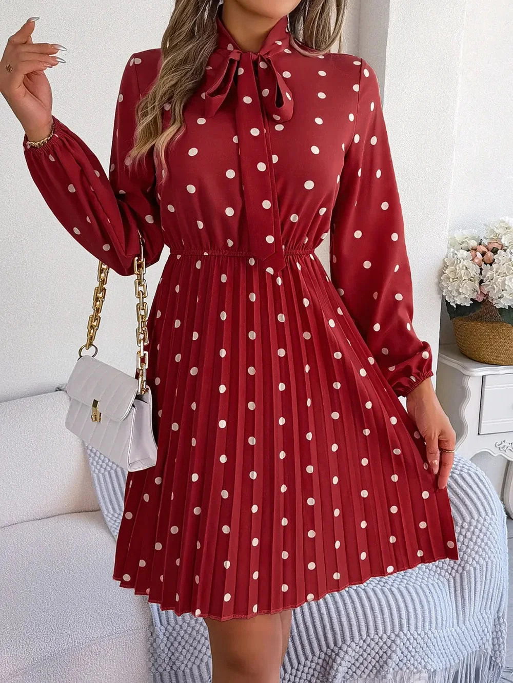 Pleated Polka Dot Tie Neck Dress