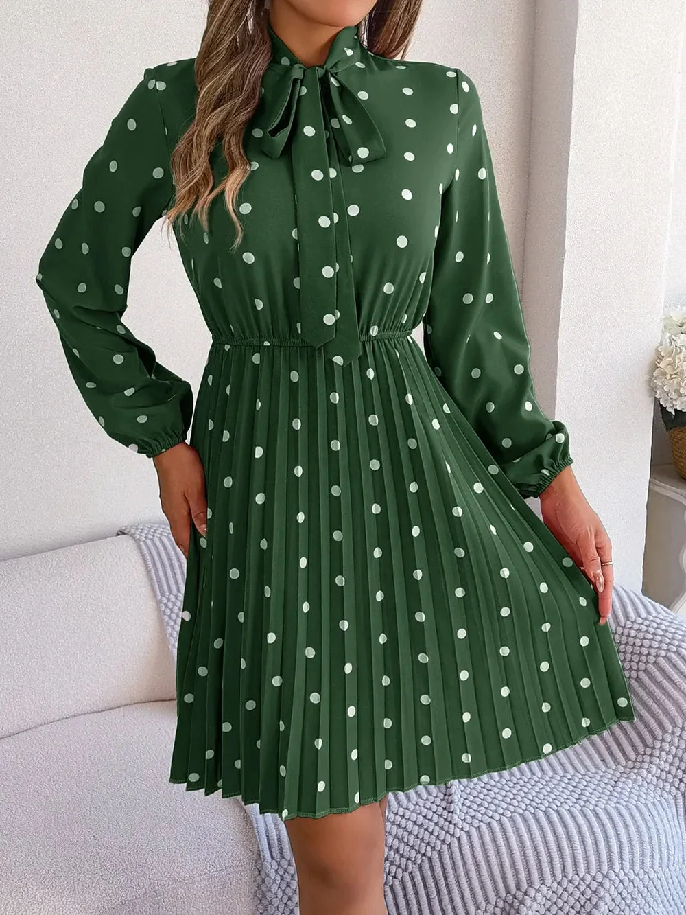 Pleated Polka Dot Tie Neck Dress