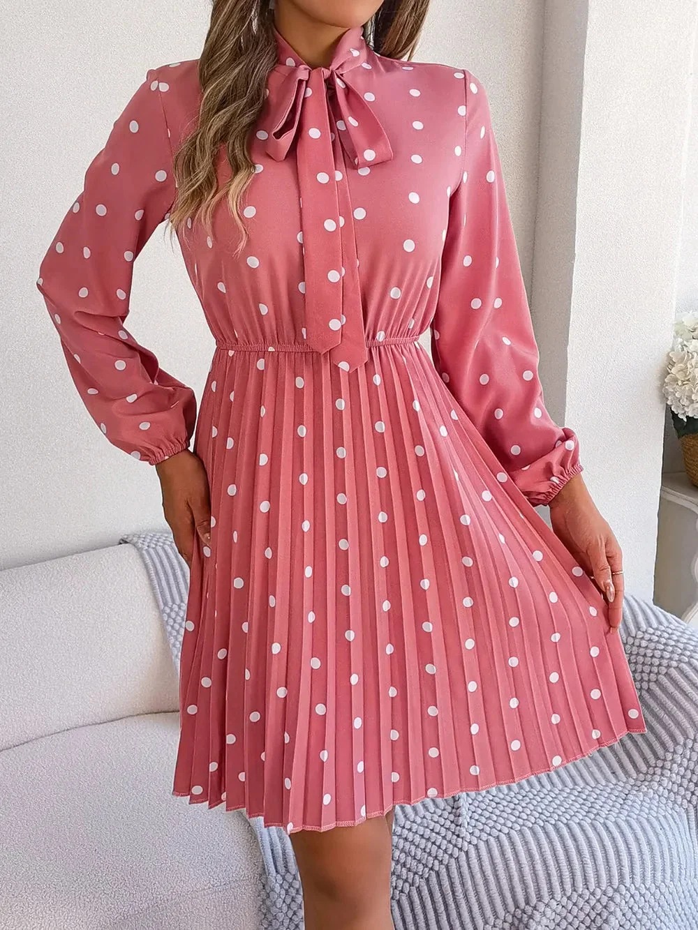 Pleated Polka Dot Tie Neck Dress