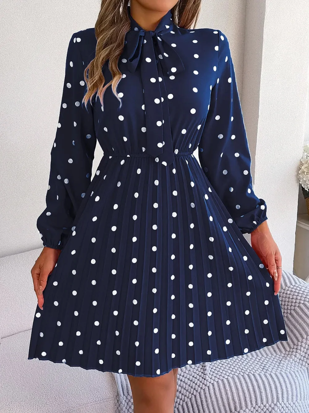 Pleated Polka Dot Tie Neck Dress