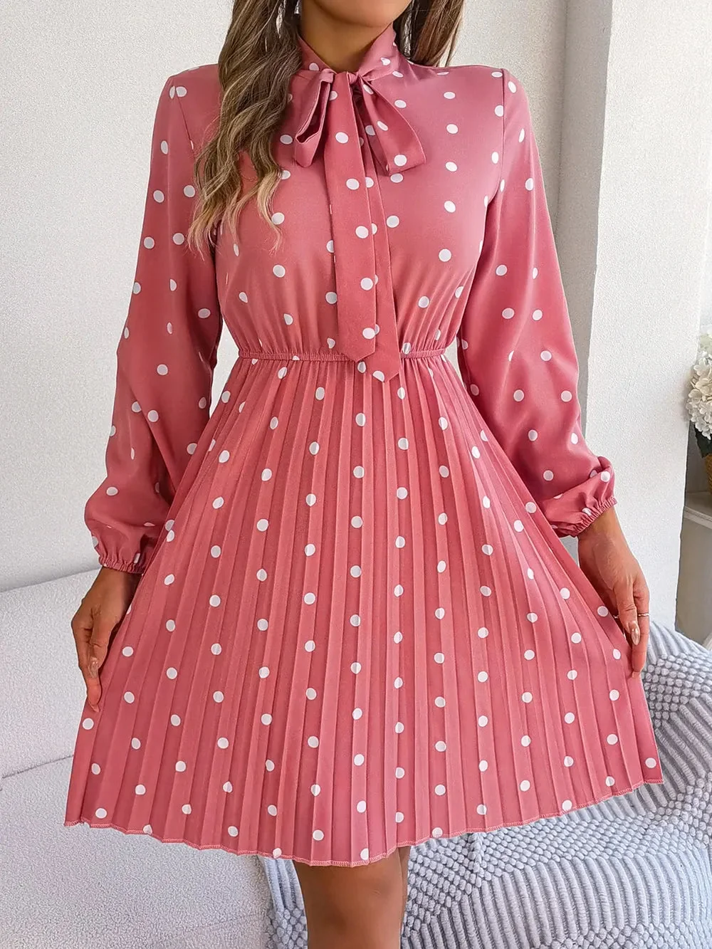 Pleated Polka Dot Tie Neck Dress