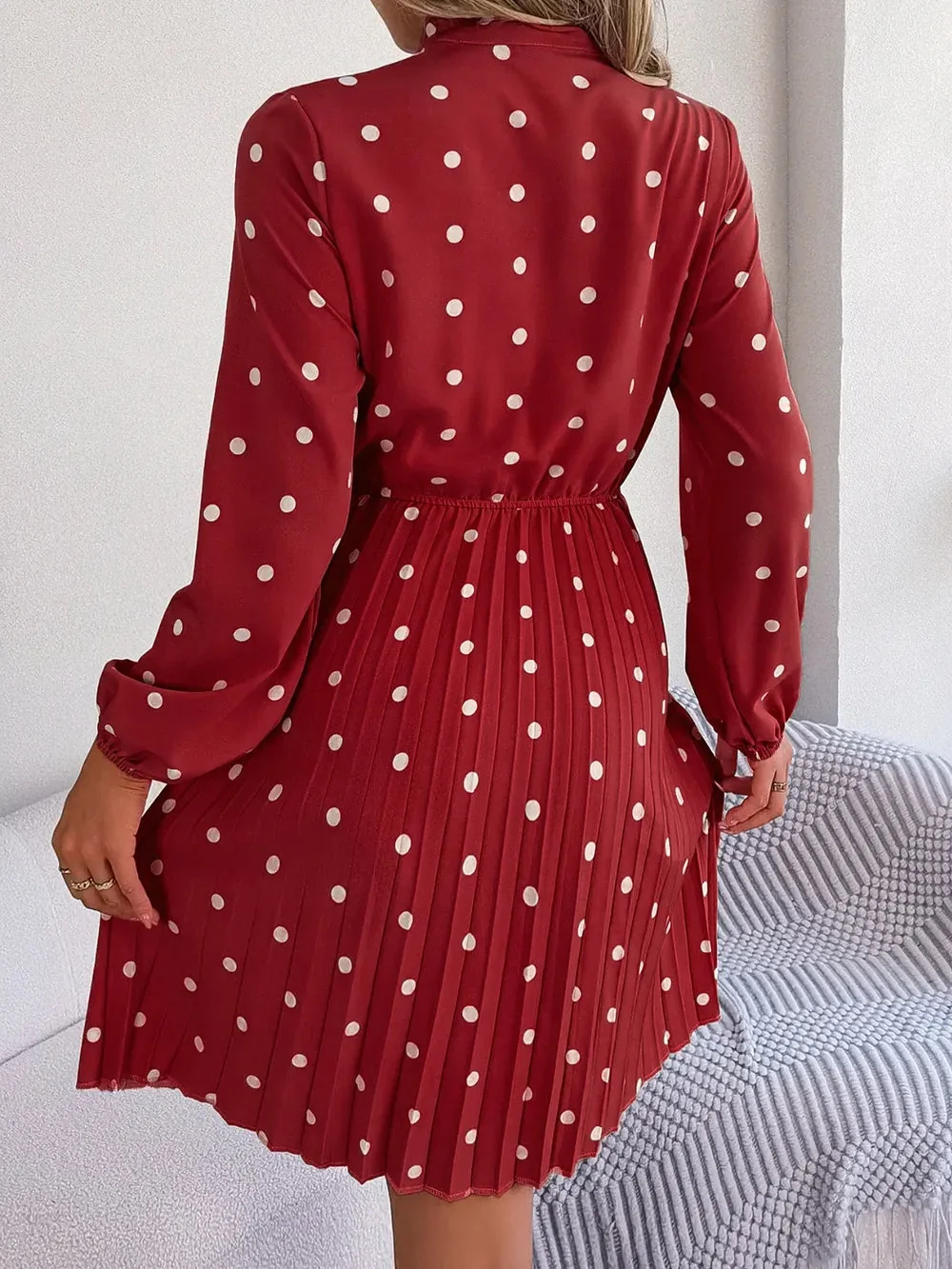 Pleated Polka Dot Tie Neck Dress