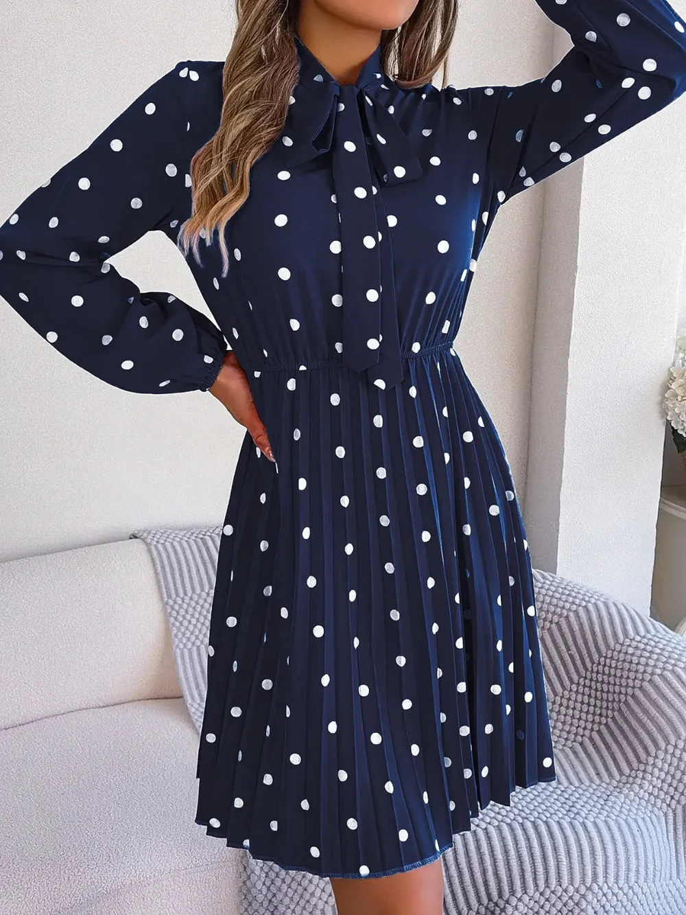 Pleated Polka Dot Tie Neck Dress