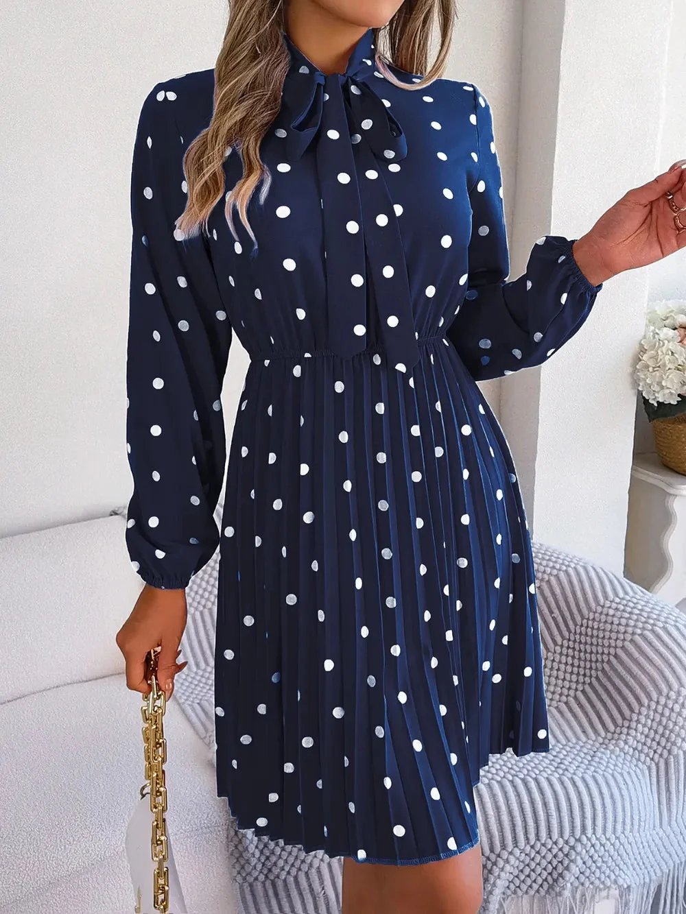 Pleated Polka Dot Tie Neck Dress