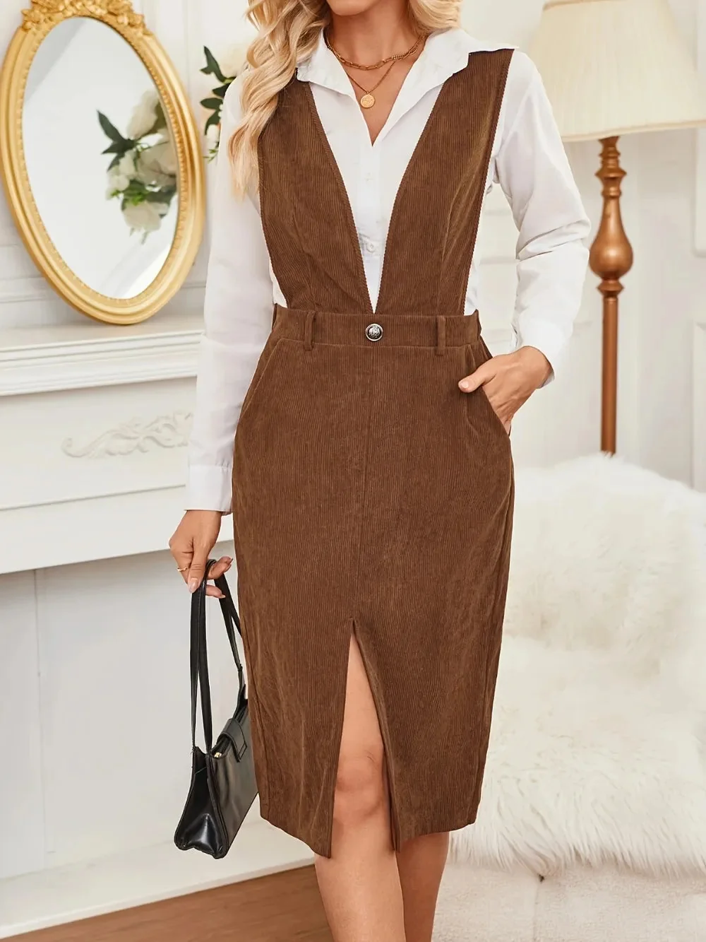 Caramel Overall Dress with Front Slit and Pockets