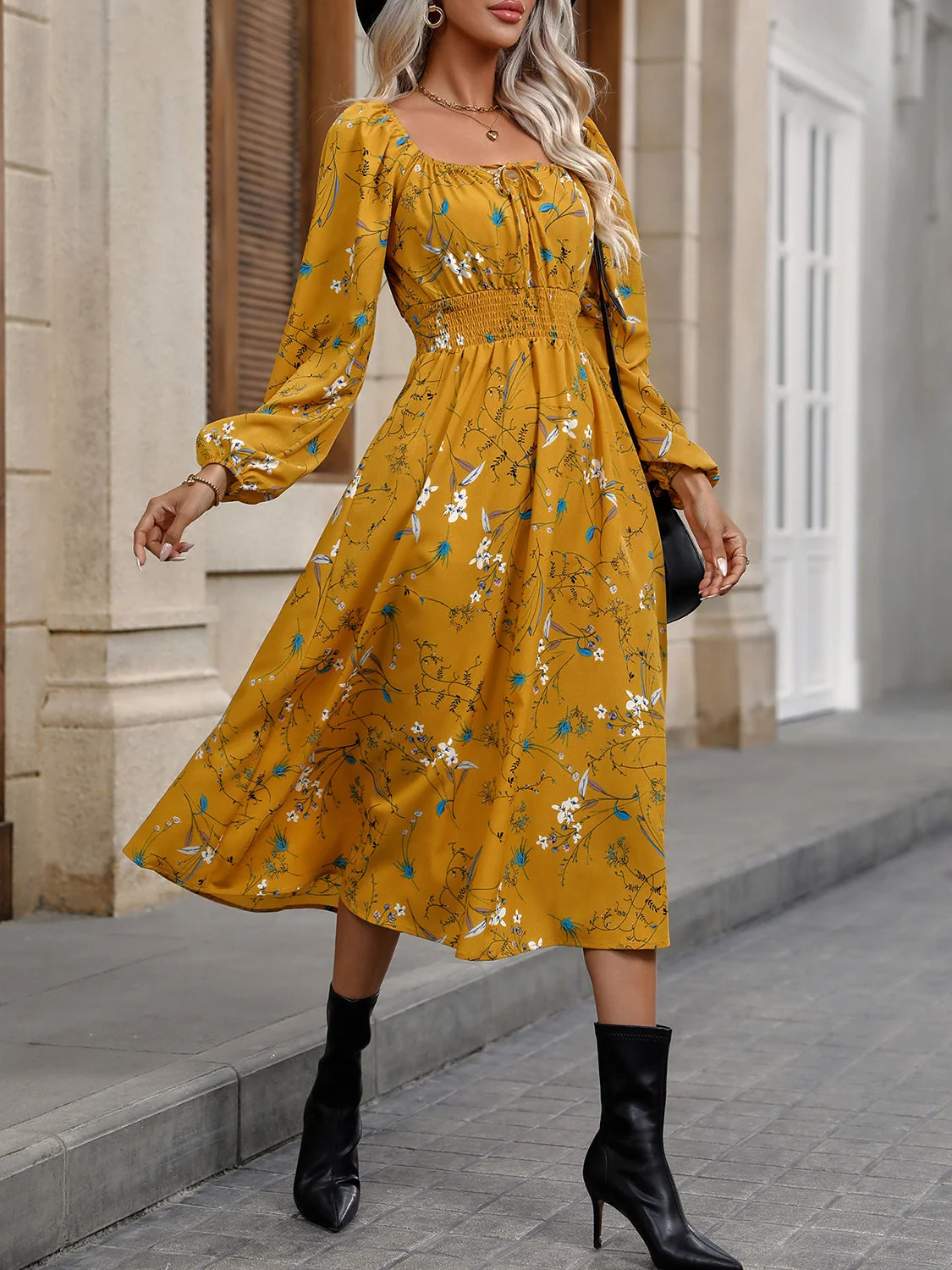 Mustard Square Neck Smocked Waist Dress - Elegant Fall Fashion