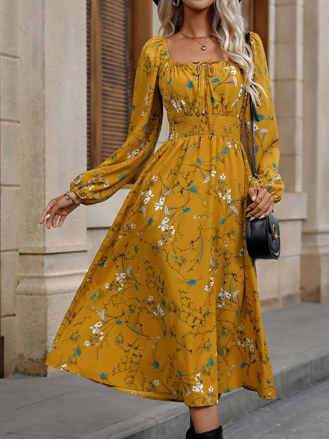 Mustard Square Neck Smocked Waist Dress - Elegant Fall Fashion