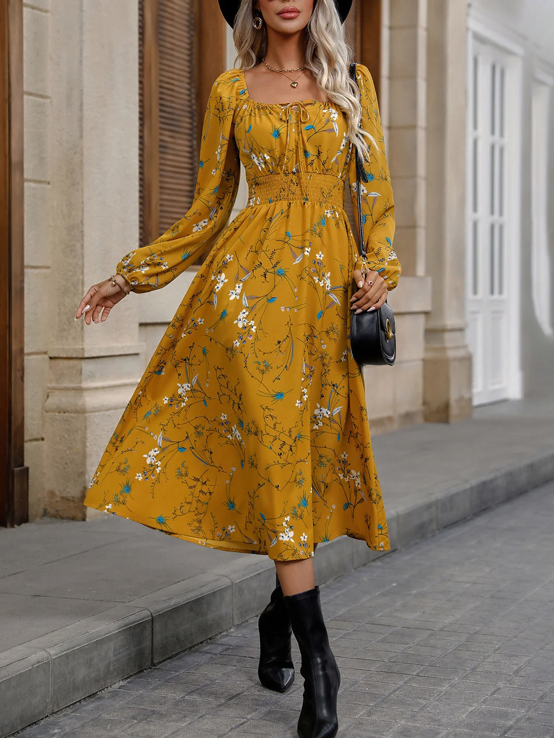 Mustard Square Neck Smocked Waist Dress - Elegant Fall Fashion