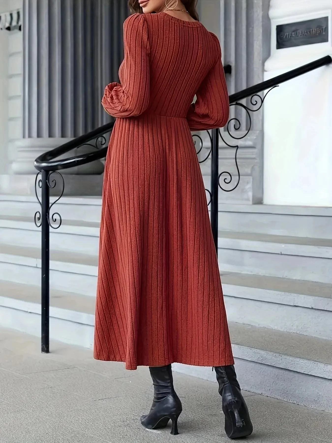 Rust Ribbed Sweater Dress - Long Sleeves