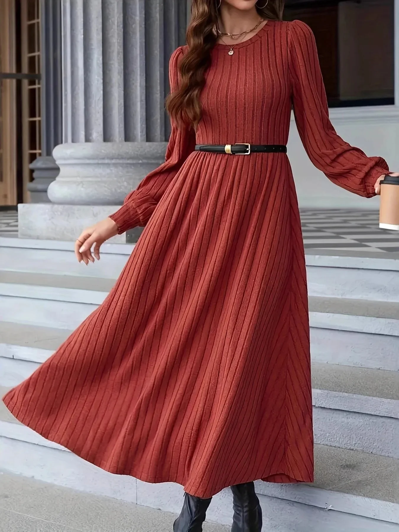 Rust Ribbed Sweater Dress - Long Sleeves