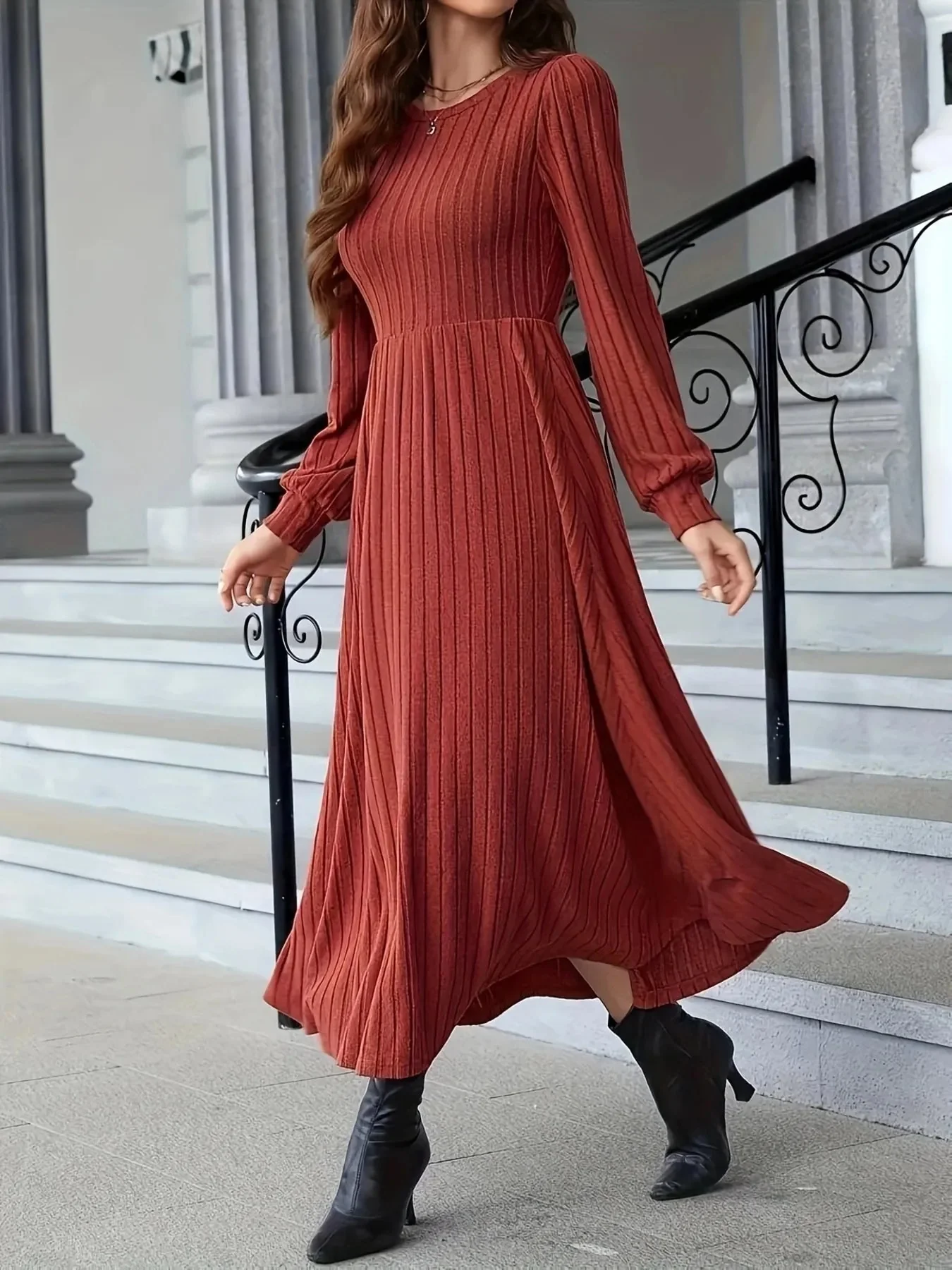 Rust Ribbed Sweater Dress - Long Sleeves