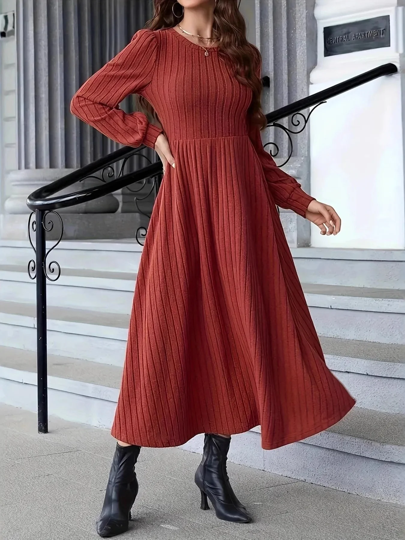 Rust Ribbed Sweater Dress - Long Sleeves