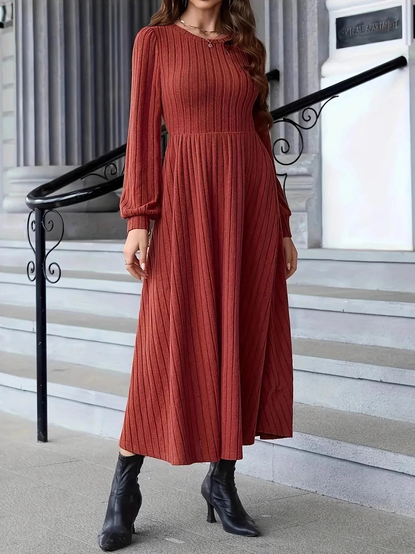 Rust Ribbed Sweater Dress - Long Sleeves