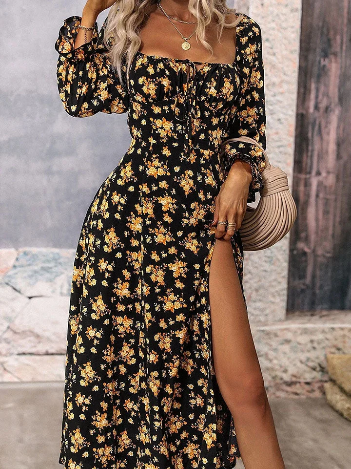 Fashionable Square Neck Slit Midi Dress, Long Sleeve