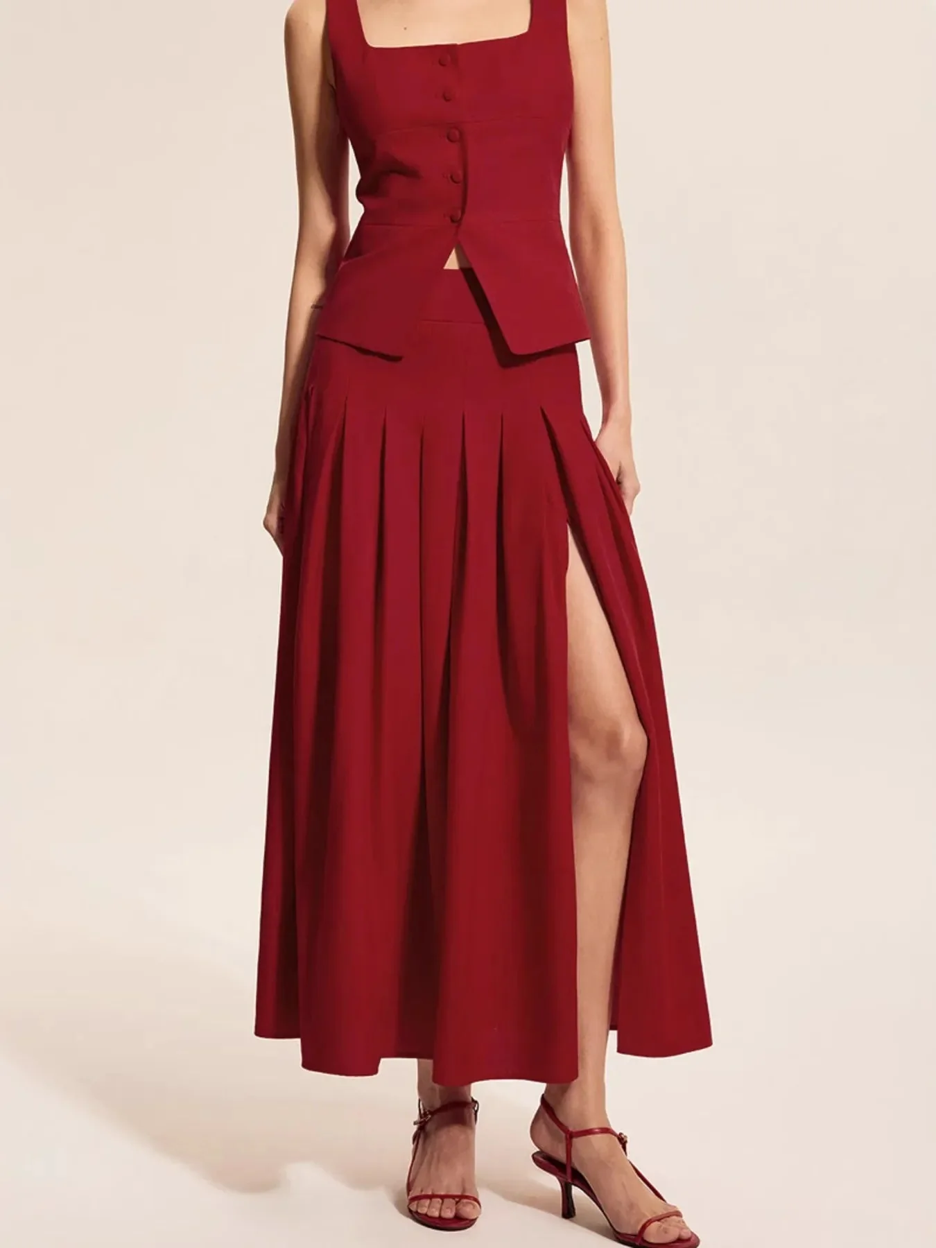 Burgundy Pleated Slit Skirt Set