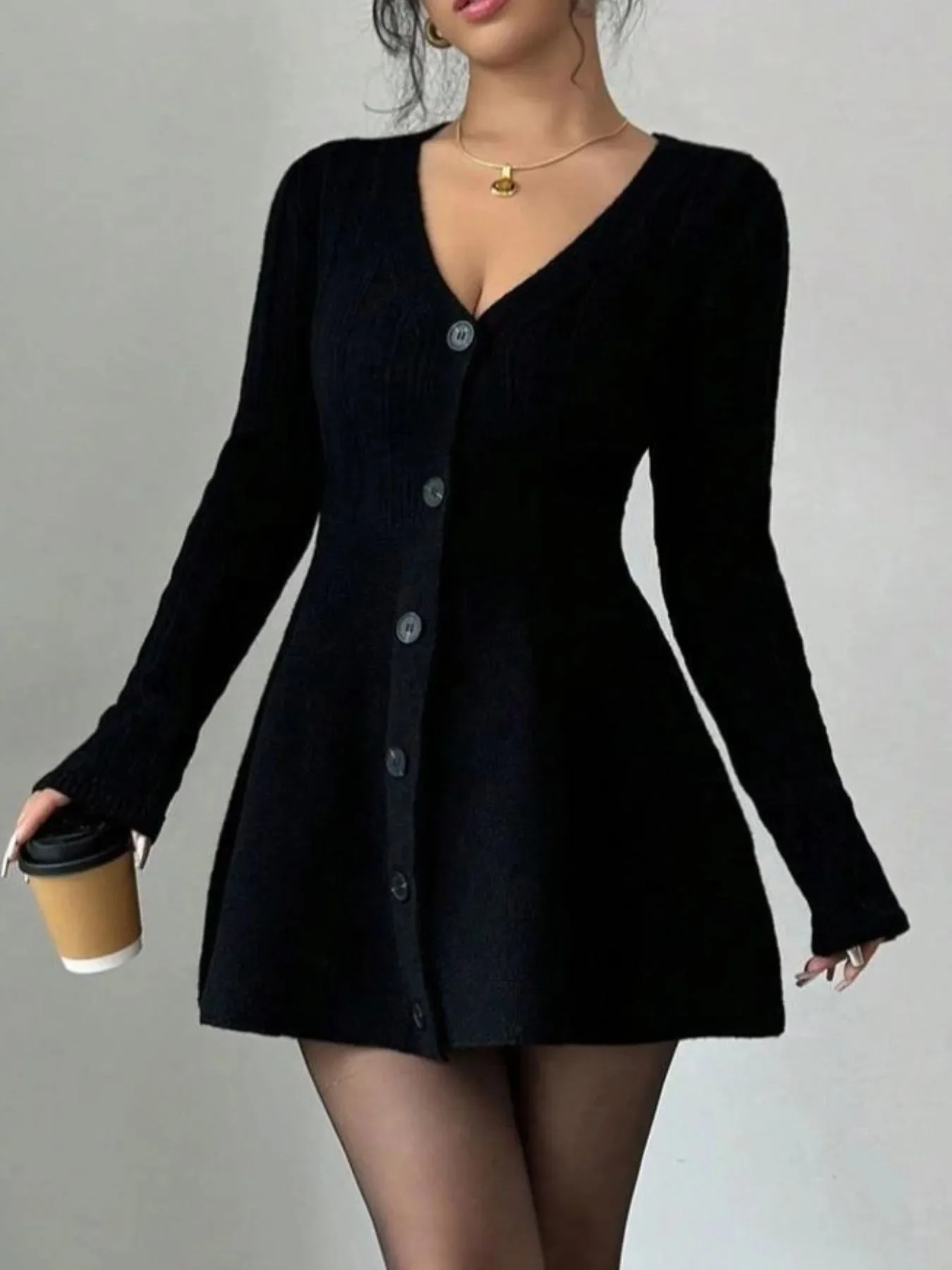 Black Knit V-Neck Button Dress
