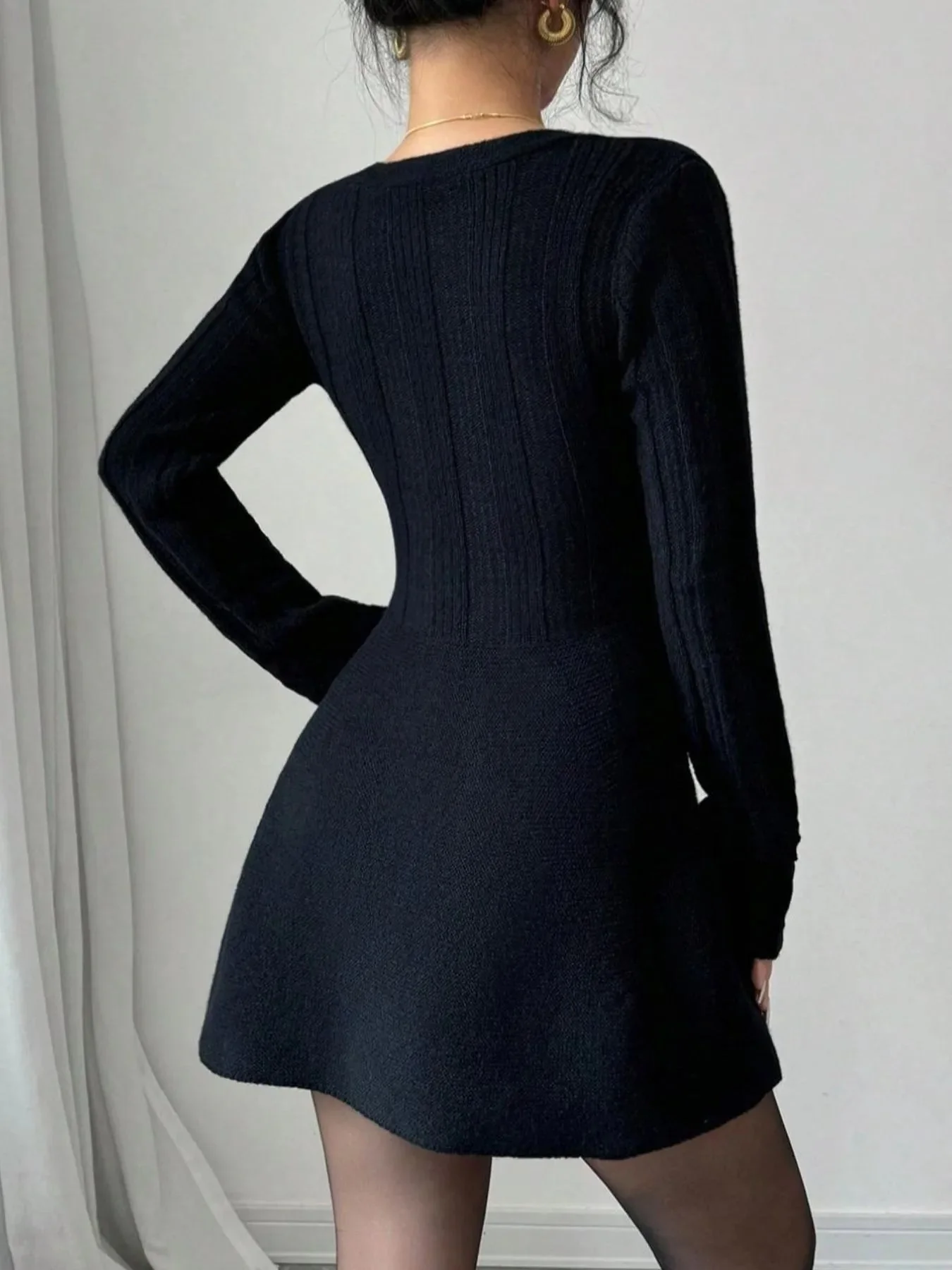 Black Knit V-Neck Button Dress