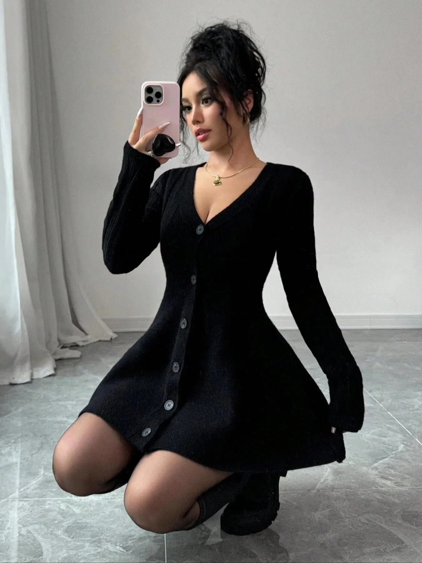 Black Knit V-Neck Button Dress